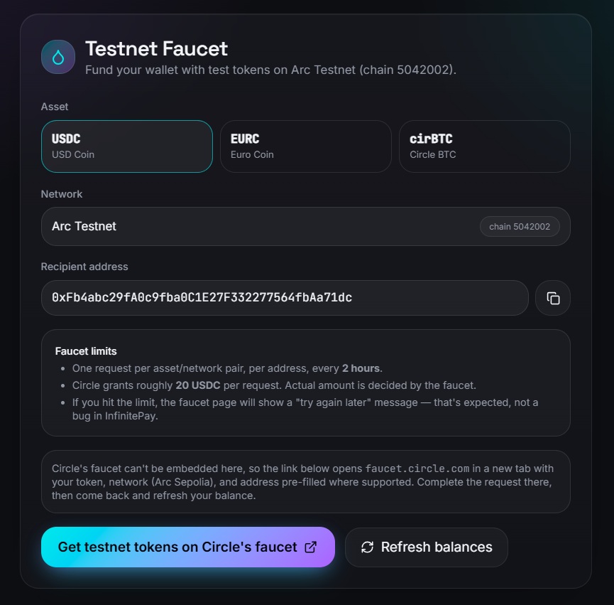 InfinitePay testnet faucet screen with asset, network and recipient address pre-filled