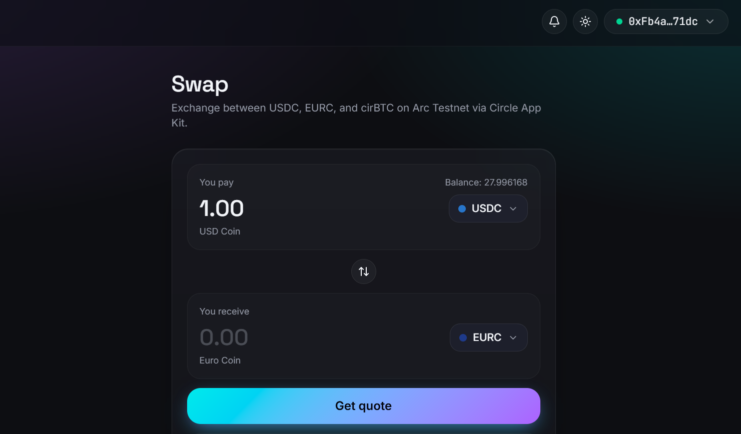 InfinitePay swap screen quoting USDC to EURC with live rates